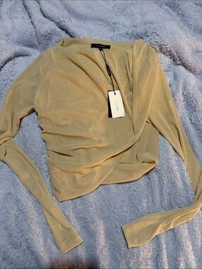 Shimmery Wrap-Front Long Sleeve Top in Light Gold